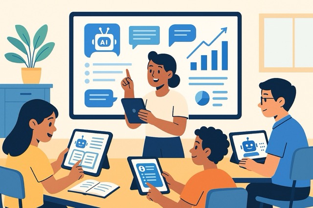 Students using AI tools in a classroom for interactive learning