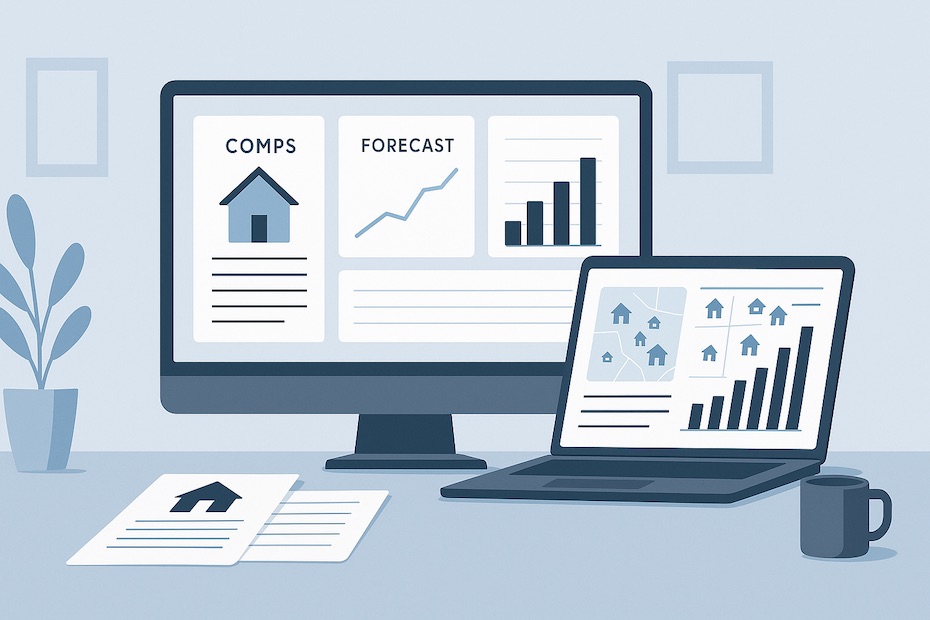 Professional workspace showing digital dashboards with comps, forecasts, and market data from real estate analysis tools.