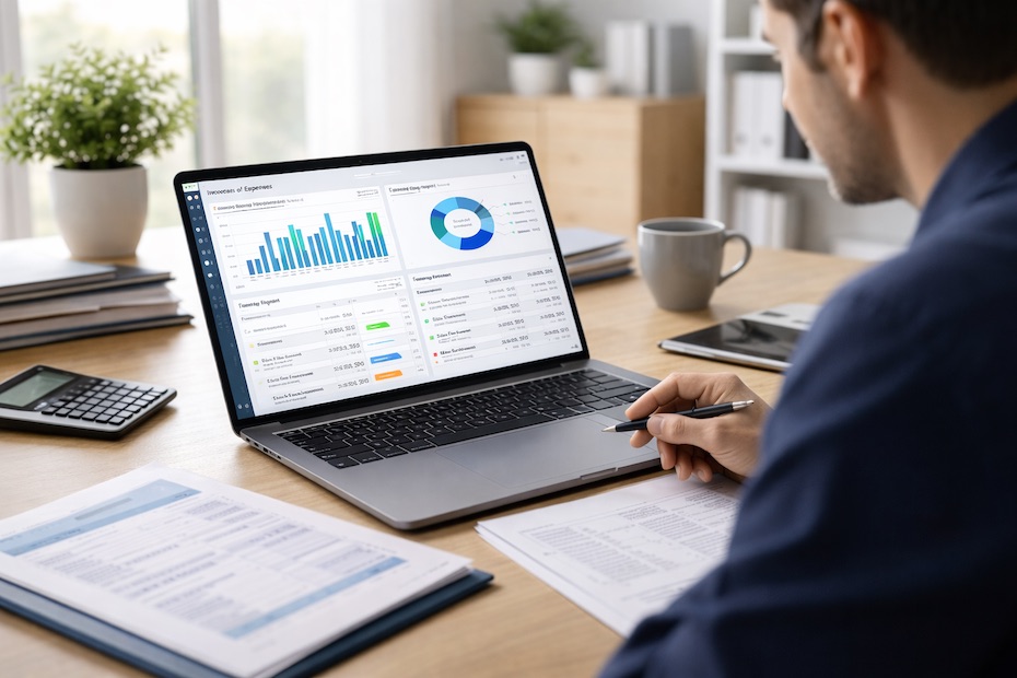 Freelancer reviewing accounting software dashboard on a laptop.
